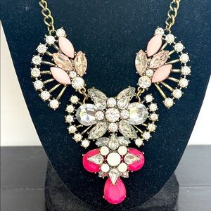 Geometric Crystal Statement Necklace w/ Fuchsia, Pale Pink, & Opal Like Stones.